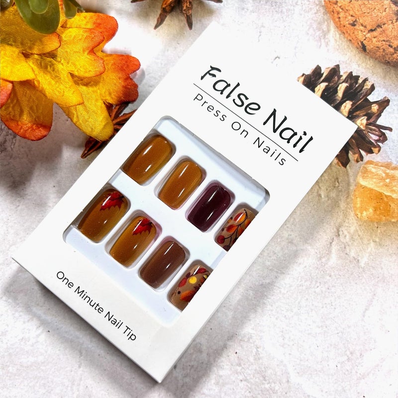 CJDLTS Thanksgiving Press on Nails Medium Ballet Shaped Fall Maple Leaf False Nail Full Cover Glossy Autumn Press Ons Stick on Nail Artificial Acrylic Fingernails Festival Glue on Nails for Women 24Pcs - Image 5